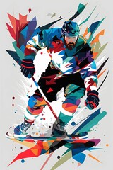 AI generated illustration of an abstract painting of a hokey player, with bright colors