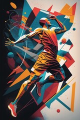 AI generated illustration of an abstract painting of a basketball player, with bright colors