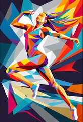 AI generated illustration of an abstract painting of a woman athlete, with bright colors