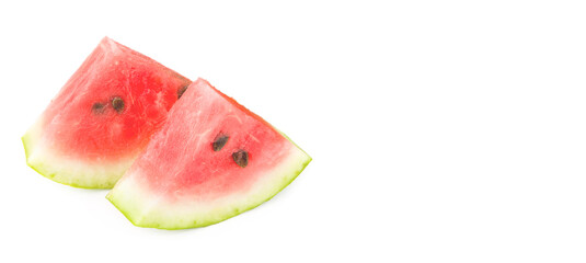Slices of watermelon isolated on a white background. Free space for text. Wide photo.