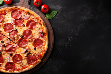 Pepperoni pizza on black concrete background, delicious tasty hot salami pizza cooking ingredients tomatoes basil onions olives, copy space, top view,  above, banner, menu, restaurant. generative ai