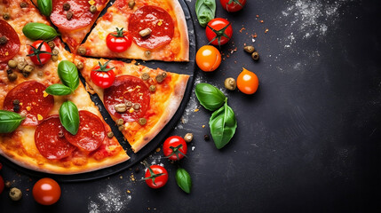 Pepperoni pizza on black concrete background, delicious tasty hot salami pizza cooking ingredients tomatoes basil spices, close up, copy space, top view above, flat lay, banner, menu, generative ai