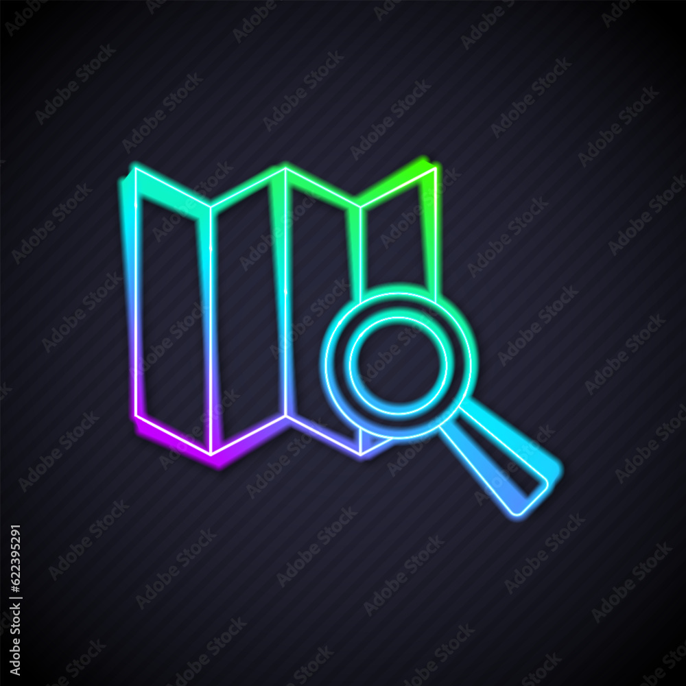Poster glowing neon line search location icon isolated on black background. magnifying glass with pointer s