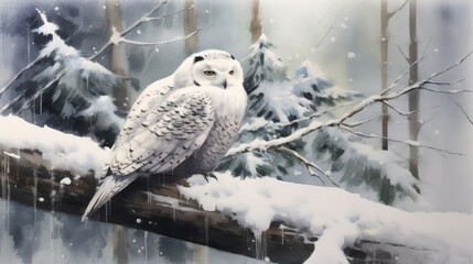 Snowy owl sitting on a branch in the winter forest. Winter background