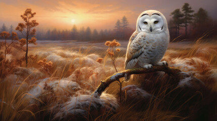 Snowy owl in the meadow at sunset, 3d render