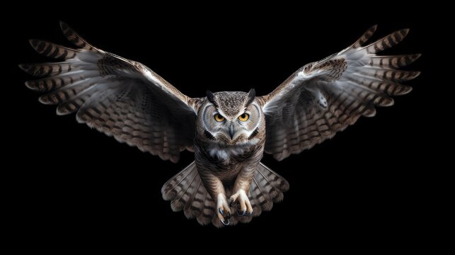 Great Horned Owl isolated on black background. 3D rendering