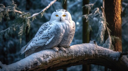 Snowy owl sitting on a branch in winter forest. Snowy owl