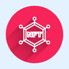 White line NFT blockchain technology icon isolated with long shadow background. Non fungible token. Digital crypto art concept. Red circle button. Vector
