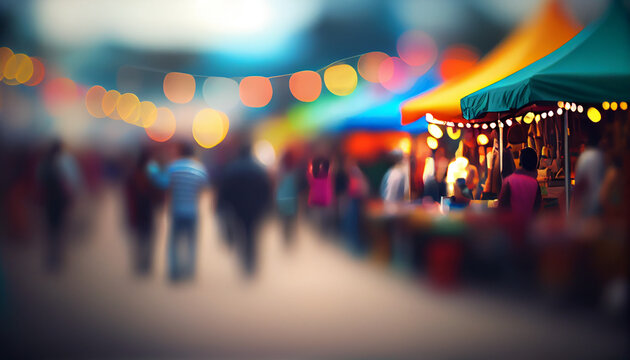 Abstract springtime street fair blurred background, outdoor backdrop with copy space Ai generated image