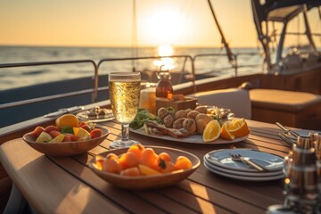 sunset party with drinks and food on a luxury yacht in open sea, ai tools generated image