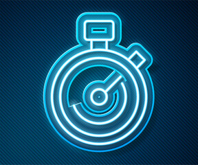 Glowing neon line Stopwatch icon isolated on blue background. Time timer sign. Chronometer sign. Vector