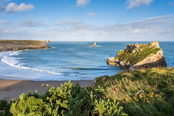 Picturesque Broadhaven South beach, with Church Rock in the distance, in the Pembrokeshire Coast National Park, South Wales.