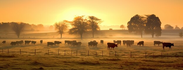 Panorama of grazing cows in a meadow with grass covered with dewdrops and morning fog, and in the background the sunrise in a small haze. Created with Generative AI technology. - obrazy, fototapety, plakaty