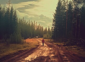 Fototapeta premium Confused man chooses road outdoor. Created with Generative AI technology.