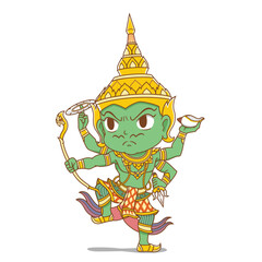Cartoon character of green Indra god in Thai style.