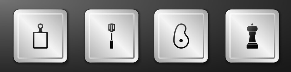 Set Cutting board, Barbecue spatula, Steak meat and Pepper icon. Silver square button. Vector