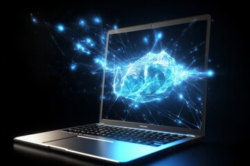 laptop on blue connection, Digital Frontier: CGI Image of a Laptop Networking with the Cloud, Creating Connections in a Space of Light Blue and Blue
