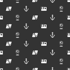 Set Action camera, Location the globe, Rubber flippers for swimming and Anchor on seamless pattern. Vector