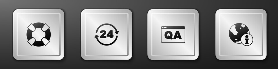 Set Lifebuoy, Telephone 24 hours support, Question and Answer and Information icon. Silver square button. Vector