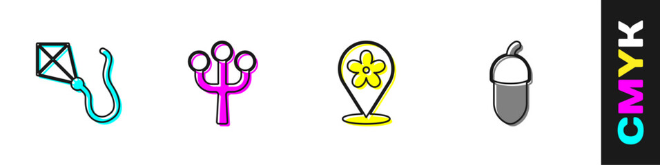 Set Kite, Blossom tree branch, Location with flower and Acorn icon. Vector