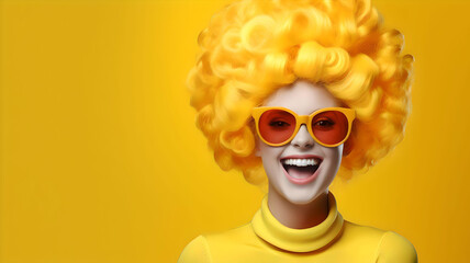 Close-up photo of an amazing charming african american or brazilian curly haired young woman, Yellow hair and dress with sunglasses, Generative AI - obrazy, fototapety, plakaty