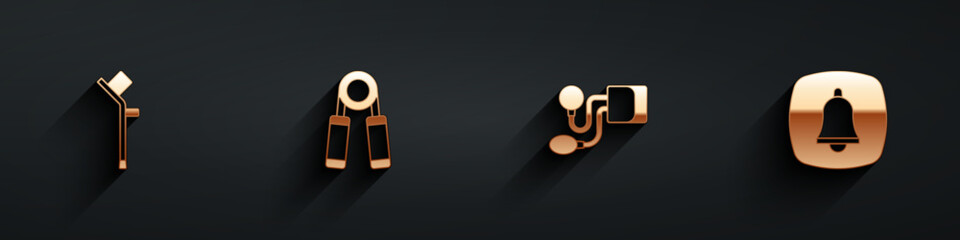 Set Crutch or crutches, Sport expander, Blood pressure and Emergency phone call icon with long shadow. Vector