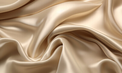 Fototapeta premium Beige fabric in a close-up view. the silk has shiny, and smooth and luxurious texture that giving it a dynamic and elegant appearance.
