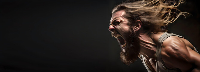 Angry young man screaming loud, side view and closeup, Copy space, Black Background, Generative AI