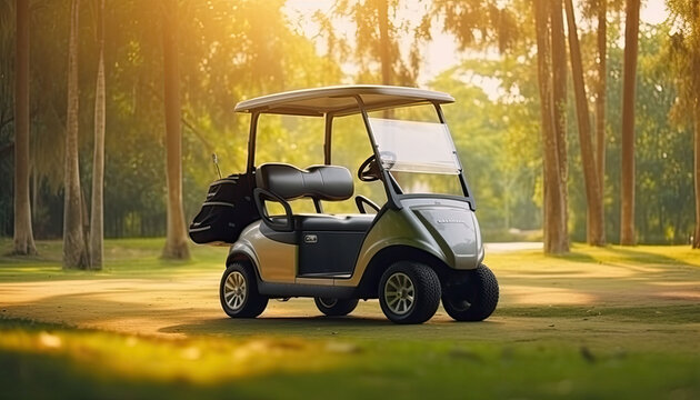 Golf cart on golf course, parking on fairway.