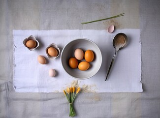 Baking culinary ingredients. Eggs, flour, whisk and kitchen textile on bright grey concrete background. Cookies, pie or cake recipe mockup. Top view. Created with Generative AI technology.