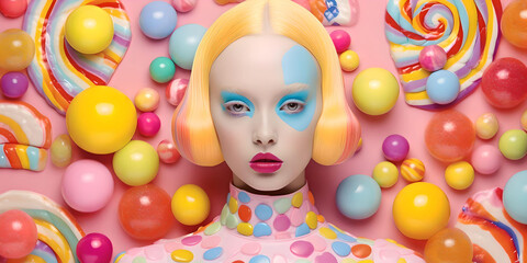 Fototapeta na wymiar Fashion girl with bubble gum bubbles. 60s retro pop art Illustration, Generative AI