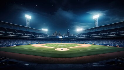 Baseball stadium seen from the bleachers at night, Generative AI