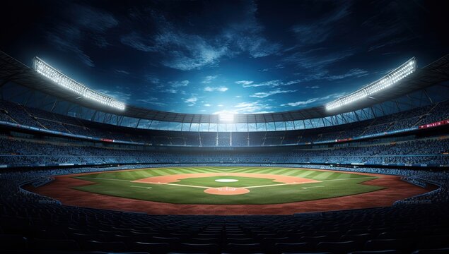 Baseball stadium seen from the bleachers at night, Generative AI