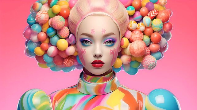 Fashion girl with bubble gum bubbles. 60s retro pop art Illustration, Generative AI