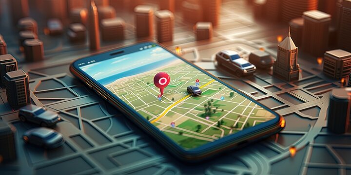 Mobile phone with open satellite map app and location pin on screen, GPS concept with mobile phone and satellite map, Generative AI