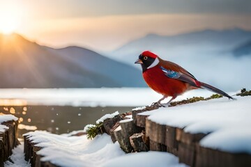 The Chongqing mountain Wang Ping ecological protection zone in winter - two elegant red tragopan birds gracefully standing on a blanket of glistening white snow, their vibrant crimson feathers contras - obrazy, fototapety, plakaty