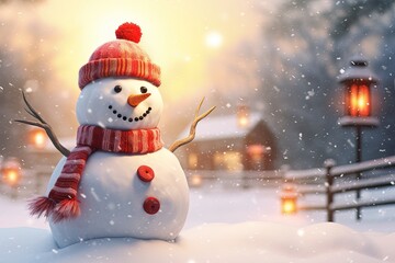 Snowman dressed in red hat and scarf, with snow and blurred village in the background, christmas scenery with snowman, Generative AI