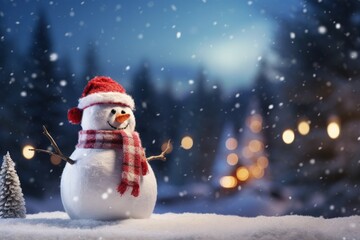 Naklejka na ściany i meble Snowman dressed in a Santa Claus hat and scarf in a snowy place with a landscape of pine trees in the background, christmas scenery with snowman, Generative AI