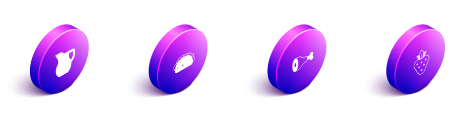 Set Isometric Jug glass with milk, Taco tortilla, Chicken leg and Strawberry icon. Vector