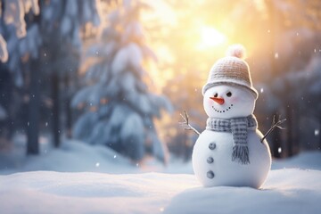Fototapeta premium Snowman dressed in a Santa Claus hat and scarf in a snowy place with a landscape of pine trees in the background, christmas scenery with snowman, Generative AI