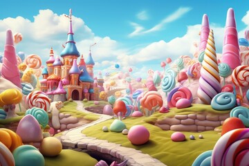 Land of giant candy, fantasy world with castle and trees made of candy, candies and colorful lollipops, Generative AI