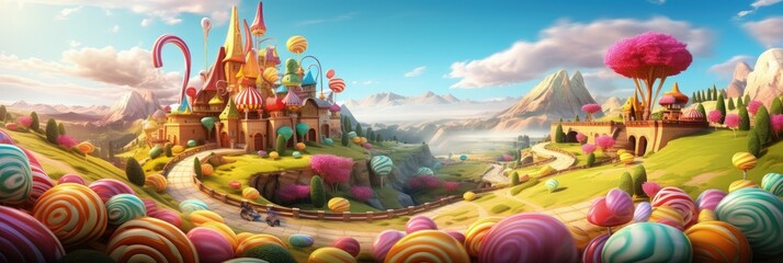 Candy world, fantasy land made of candy with castle and colorful lollipops, Generative AI