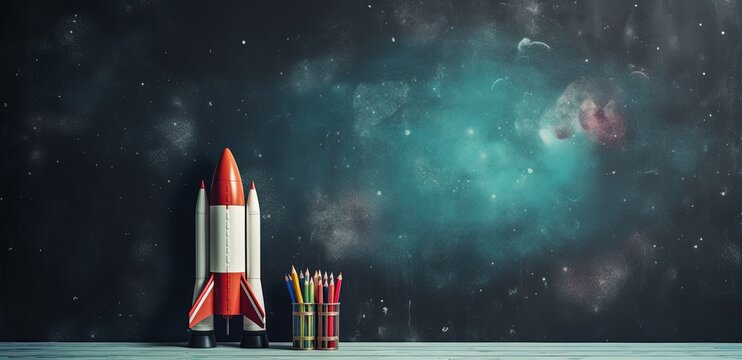 School chalkboard with rocket and pencil holder, copy space, blackboard, Generative AI