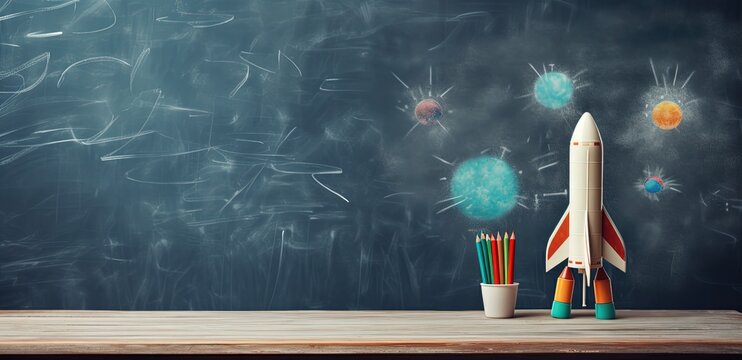School blackboard with rocket and pencil holder, copy space, Generative AI