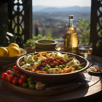 Paella in the background of a beautiful spanish landscape