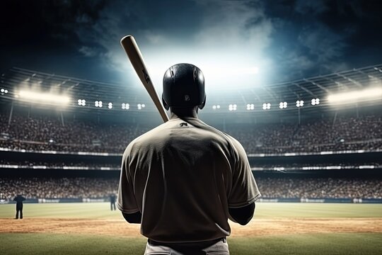 Baseball player with bat in hand seen from behind in stadium during baseball match, Generative AI