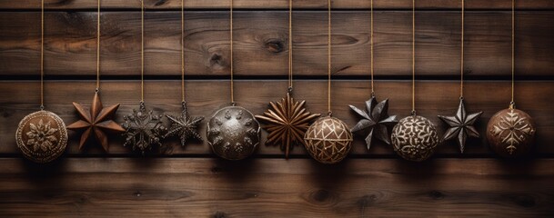 Woody Christmas ornaments on wooden background, Christmas background with stars and decorative wooden balls, Generative AI