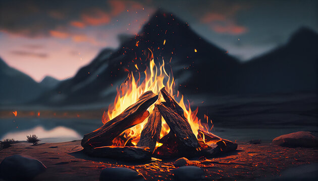 Close up campfire with bright flame. Stunning scenery mountains landscape  Ai generated image