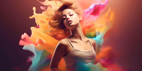 Haute couture or high fashion design in vivid colorful makeup on woman model on isolated background. Contemporary abstract art design of beautiful dress in flower style, Generative AI