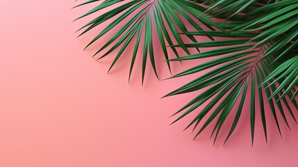Tropical leaves on pink background with copy space, Generative AI